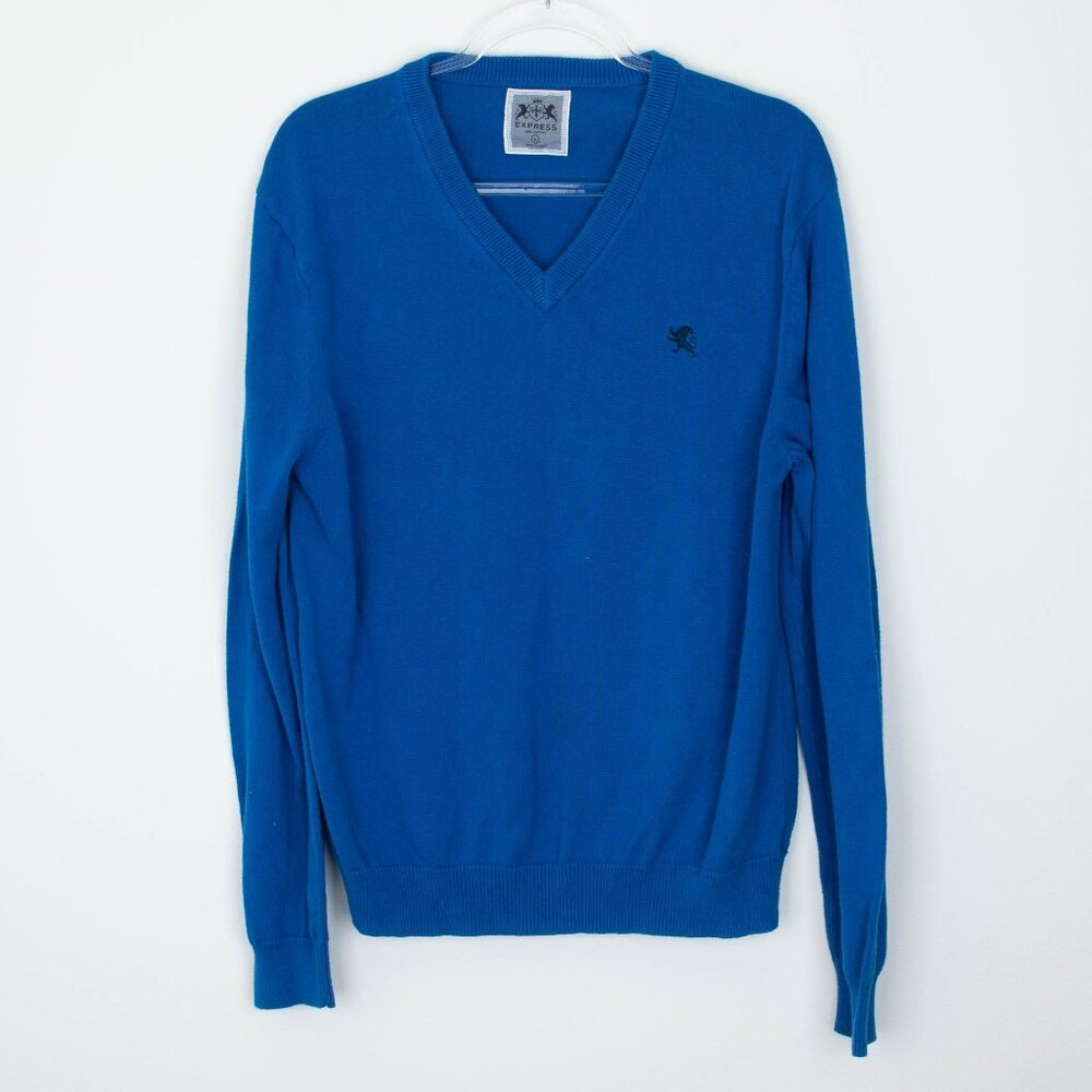 Vintage Express Mens V Neck Cotton Sweater Size L Blue Logo Preppy Academia Y2K